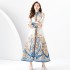 Early Spring 2024- Vintage stand up collar cardigan with wide skirt and lantern sleeves printed long dress