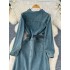 Hong Kong style retro denim dress for women in autumn 2024, new French style waist belt, cinched waist, lapel, long sleeved A-line skirt