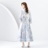 2024 Early Spring - Palace style stand up collar flared sleeve single placket printed long lace dress