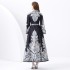 2024 Vacation - Palace style stand up collar flared sleeve single placket printed long lace dress