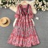 Spring and summer vacation ethnic style printed embroidered square neck dress for women with a waist cinched and pleated A-line loose long skirt