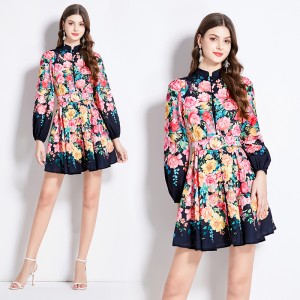 Original in stock | 2024 spring/summer floral ethnic style retro stand up collar lantern sleeve printed dress