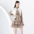 2024 Early Spring - Vacation style stand up collar lantern sleeves wave side length printed dress