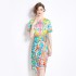 Original in stock | 2024 European and American high-end temperament printed color dress with waist cinching and tie up, slimming dress