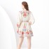 2024 Vacation - Palace style stand up collar lantern sleeves, single placket printed short mini dress