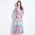 Original in stock | 2024 early spring vacation style temperament design sense V-neck printed long sleeved waist cinching dress