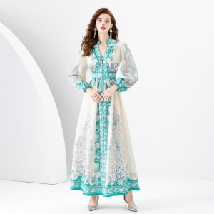 Early Spring 2024- Retro Palace style pleated V-neck lantern sleeves long printed dress