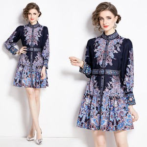 Original in stock | 2024 early spring temperament skirt patchwork print long sleeved slimming retro mid length dress