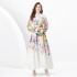 2024 Spring/Summer - Vacation style stand up collar single breasted palace style printed wide swing long dress