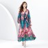 2024 Early Spring - Vacation style V-neck lantern sleeve wavy edge painted long print dress two-piece set