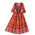 Spring and summer vacation ethnic style printed embroidered square neck dress for women with a waist cinched and pleated A-line loose long skirt