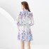 2024- Early Spring Palace Style Single Front Flax Collar Lantern Sleeve Retro Printed Mini Dress