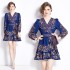 Original Spot | 2024 Spring/Summer Vacation New Deep Blue Strap Belt Retro Printed Dress