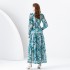 2024 Early Spring - Vacation style stand up collar lantern sleeves wave side length retro printed dress