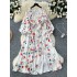 French forest retro floral dress for women in autumn 2024, waist cinched, V-neck, lantern sleeves, slit, large swing, long skirt