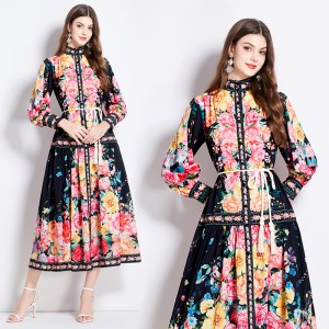 Original in stock | 2024 spring/summer floral ethnic style retro stand up collar lantern sleeve printed dress