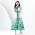 Early Spring 2024- Vintage stand up collar cardigan with wide skirt and lantern sleeves printed long dress