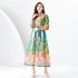 2024 Early Spring - Palace style stand up collar lantern sleeve wave side length retro printed dress