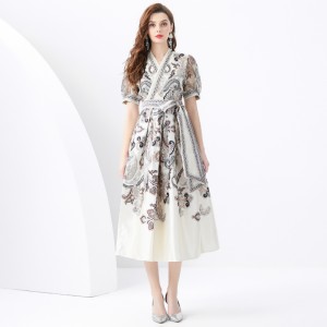 2024 Vacation - Resort Wrap Strap Style V-neck Lantern Sleeve Long Retro Printed Dress