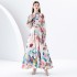 2024 Early Spring - Vacation style stand up collar single breasted palace style printed wide swing long dress