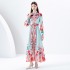 2024 Early Spring - Vacation style stand up collar lantern sleeves wave side length colorful printed dress