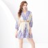 2024 Vacation - Palace style stand up collar lantern sleeves, single placket printed short mini dress