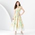 2024 Spring/Summer - Palace style lapel, sleeveless waist, wide skirt, printed long dress