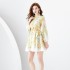 Early Spring 2024- Retro Palace Style Stand up Collar Lantern Sleeve Stand up Cut Waist Wide Swing Printed Short Mini Dress