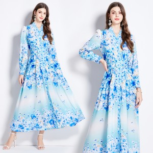 Original Spot | 2024 Spring Ethnic Style Retro Positioning Printed Shirt Lantern Long Sleeve High Waist Dress