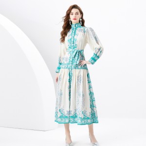 2024 Spring/Summer - Palace style stand up collar lantern sleeves wave side length retro printed dress