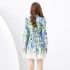 2024 Spring/Summer - Vacation Style V-neck Lantern Sleeve Wave Edge Mini Retro Printed Dress