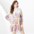 2024 Early Spring - Vacation style stand up collar lantern sleeves wavy edge painted mini printed cake dress