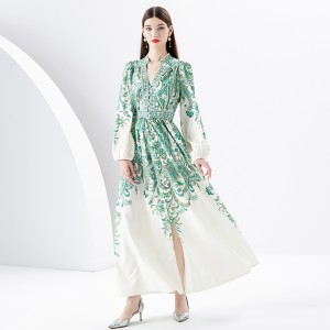 2024 Early Spring - Retro Palace Style V-neck Lantern Sleeve Long Printed Dress