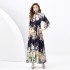 2024 Spring/Summer - Retro Oil Painting Painted Standing Collar Long Lantern Sleeve Wave Edge Printed Dress