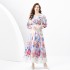 2024 Spring/Summer - Vacation Retro Palace Style V-neck Loose Lantern Short Sleeve Painted Long Dress