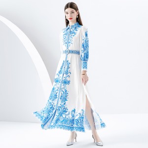 2024- Early Spring Palace Style Flip Collar Single Front Lantern Sleeve Retro Printed Long Dress