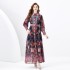 2024 Spring/Summer - Two piece set of palace style lapel lantern sleeves with wavy side length retro printed dress