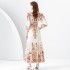 2024 Early Spring - Palace style stand up collar lantern sleeve wave side length retro printed dress