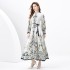 2024 Spring/Summer - Palace style Retro Stand up Collar Single breasted Diagonal Cut Printed Wide Swing Long Dress