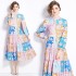 Original in stock | 2024 Spring new contrasting ethnic style retro stand up collar lantern sleeve printed dress