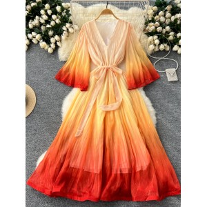 High end women's clothing 2024 new item niche light mature style waist strap loose V-neck flared sleeve gradually changing color dress