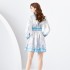 2024 Early Spring - Vacation style V-neck lantern sleeve pleated short mini retro printed dress