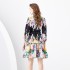 2024 Spring/Summer - Retro painted stand up collar long sleeved wavy edge printed dress