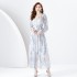 2024 Early Spring - Vacation style V-neck lantern sleeves wave side length retro printed dress two-piece set