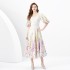 2024 Spring/Summer - Vacation Retro Style V-neck Slimming Lantern Sleeve Painted Long Dress