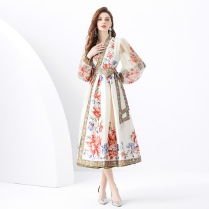 2024 Vacation - Resort Wrap Strap Style V-neck Lantern Sleeve Long Retro Printed Dress