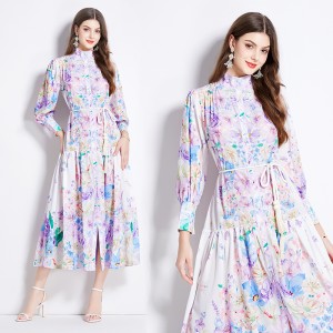 Original in stock | 2024 spring/summer floral ethnic style retro stand up collar lantern sleeve printed dress