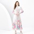 2024 Spring/Summer - Vacation style retro stand up collar single breasted lantern sleeve printed wide swing long dress