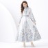 2024 Vacation - Palace style stand up collar flared sleeve single placket printed long lace dress