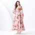 2024 Vacation - Lace V-neck flared sleeve pleated cardigan printed long dress